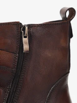 Bottines marron en cuir véritable bout rond fermeture éclair et boucle
