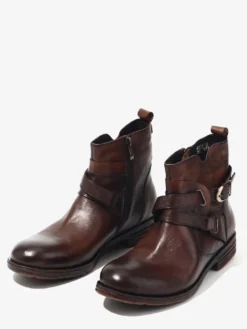 Bottines marron en cuir véritable bout rond fermeture éclair et boucle
