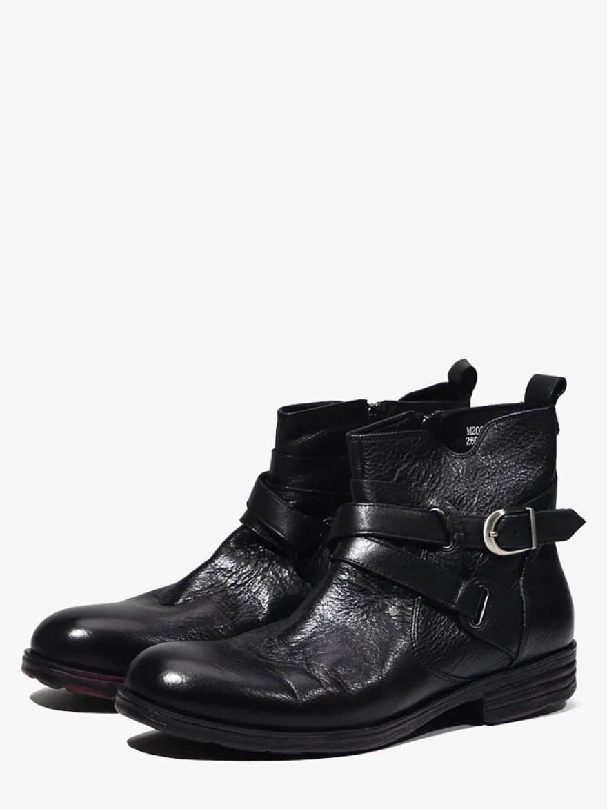 Bottines marron en cuir véritable bout rond fermeture éclair et boucle