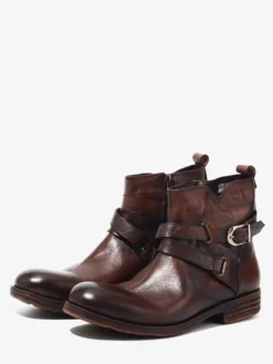 Bottines marron en cuir véritable bout rond fermeture éclair et boucle