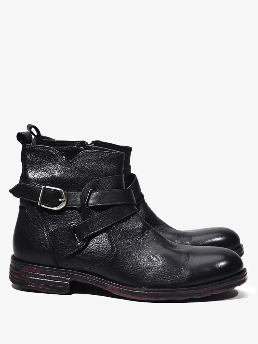 Bottines marron en cuir véritable bout rond fermeture éclair et boucle