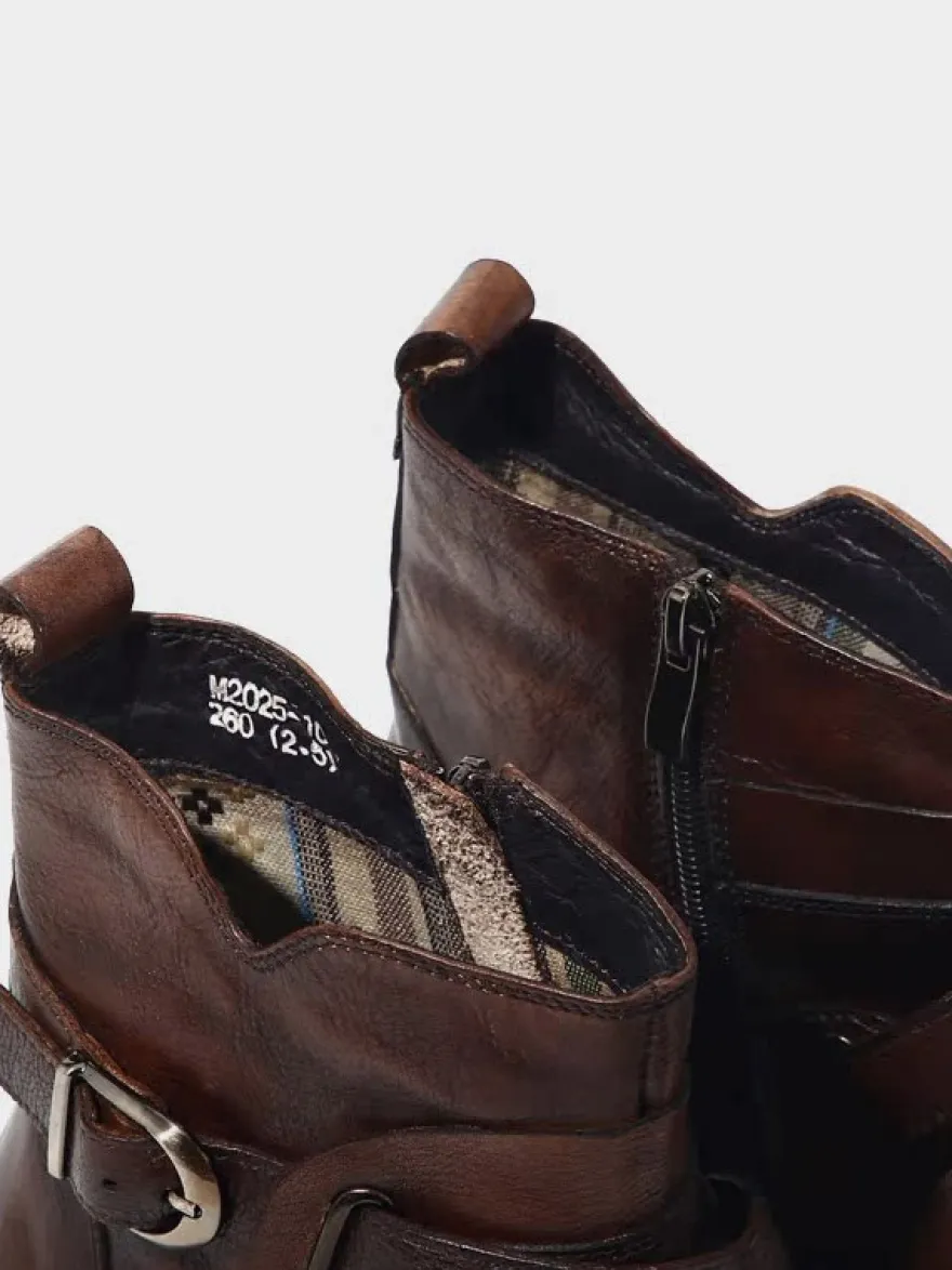 Bottines marron en cuir véritable bout rond fermeture éclair et boucle