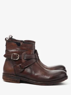 Bottines marron en cuir véritable bout rond fermeture éclair et boucle