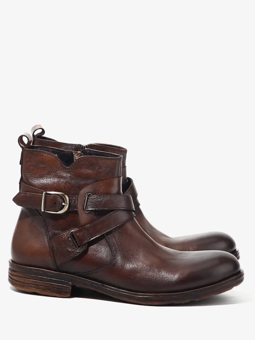 Bottines marron en cuir véritable bout rond fermeture éclair et boucle