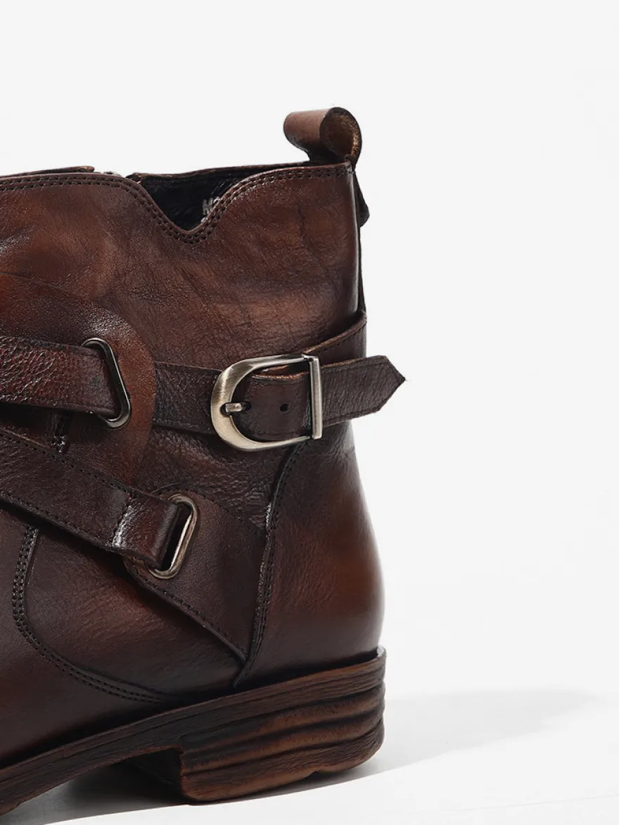 Bottines marron en cuir véritable bout rond fermeture éclair et boucle