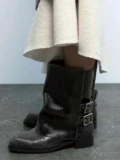 Bottines noires à boucle et à talon épais pour femmes