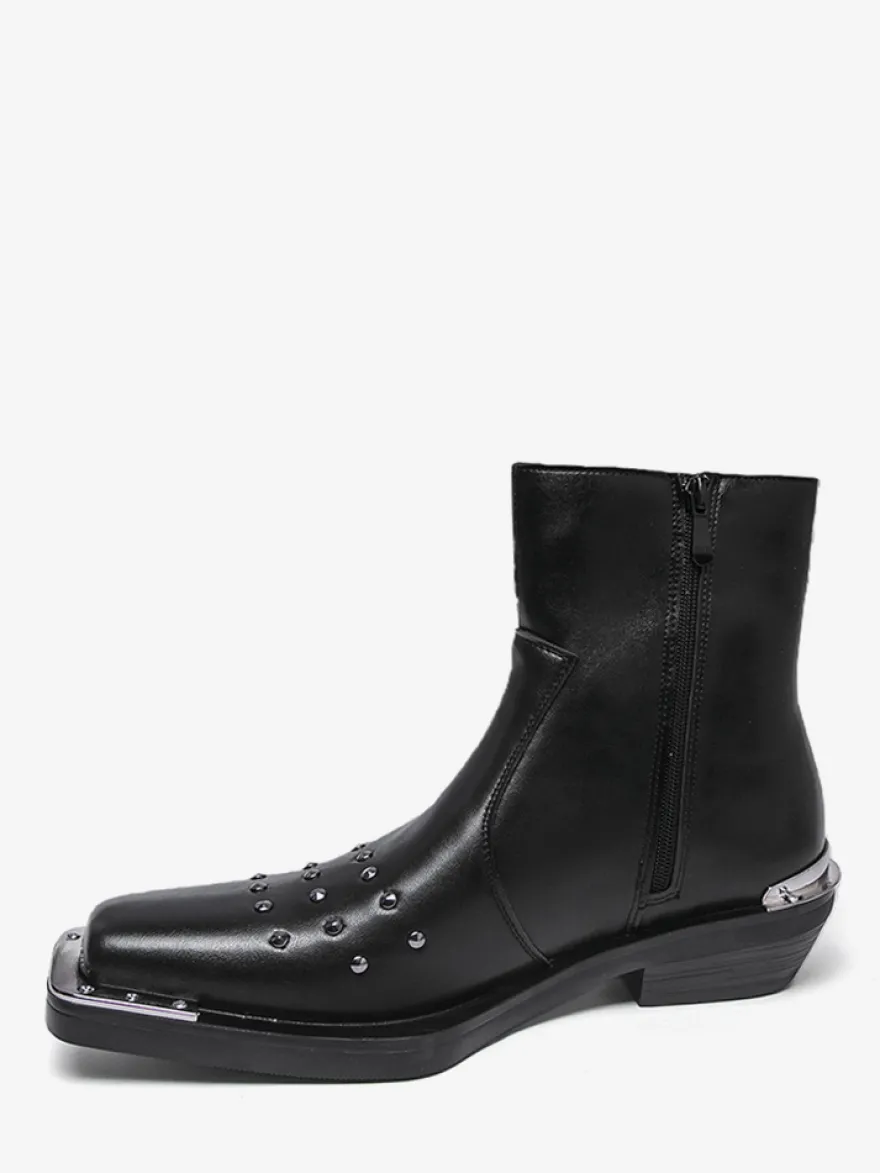 Bottines noires à bout carré et talon compensé clouté pour hommes