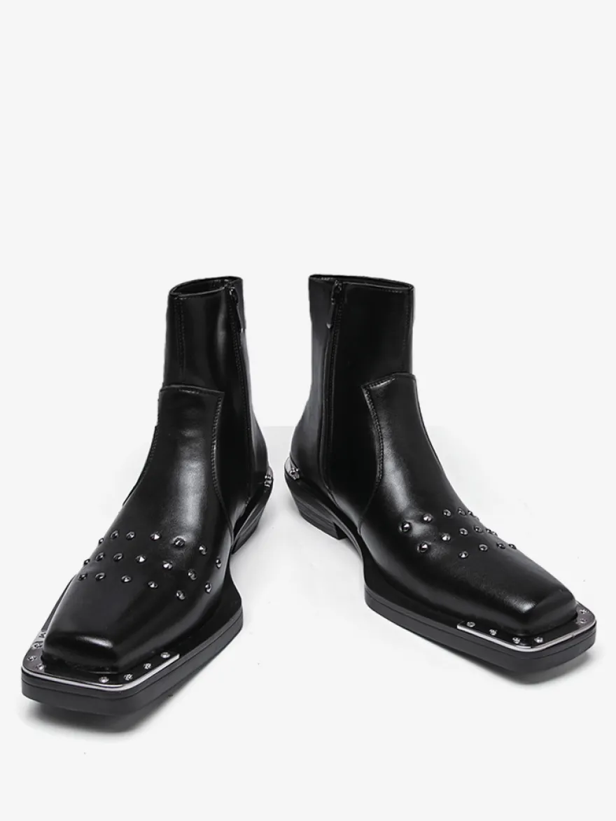 Bottines noires à bout carré et talon compensé clouté pour hommes