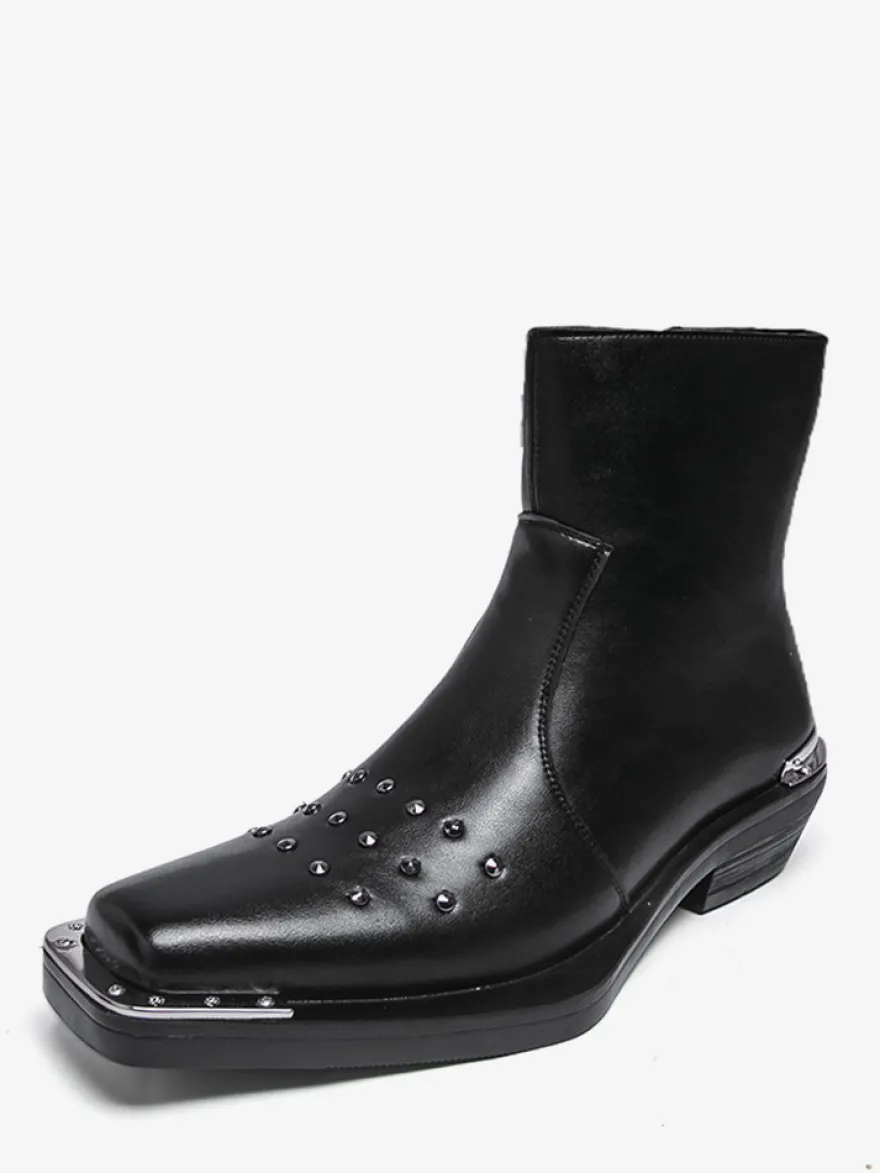Bottines noires à bout carré et talon compensé clouté pour hommes