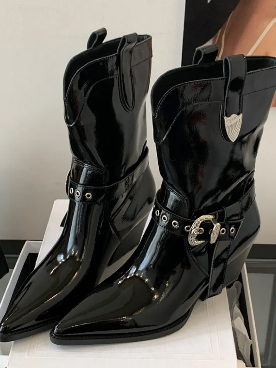 Bottines noires à bout pointu et talon épais pour femme