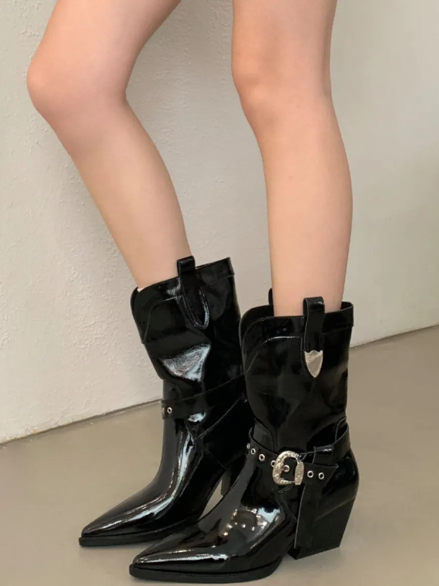 Bottines noires à bout pointu et talon épais pour femme