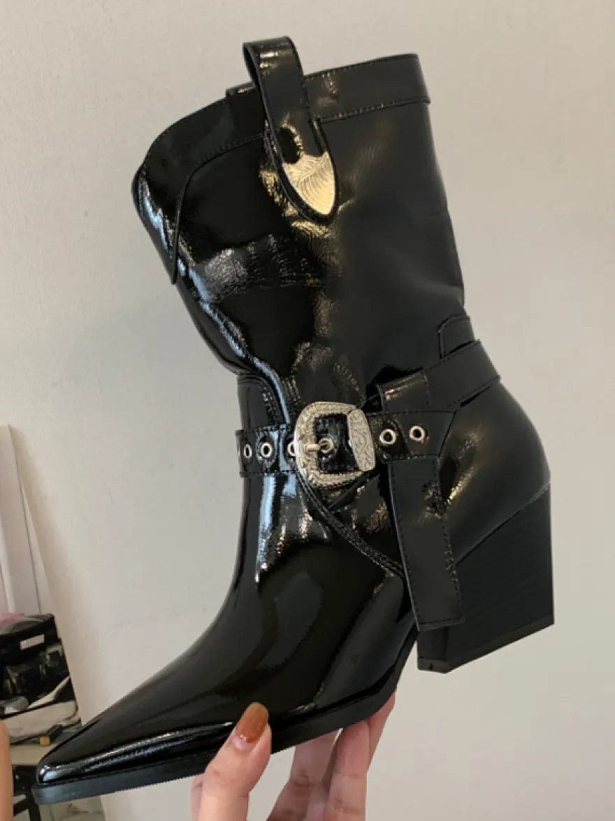 Bottines noires à bout pointu et talon épais pour femme