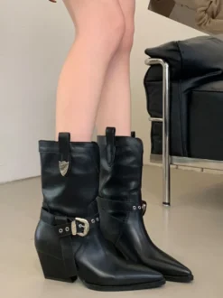 Bottines noires à bout pointu et talon épais pour femme
