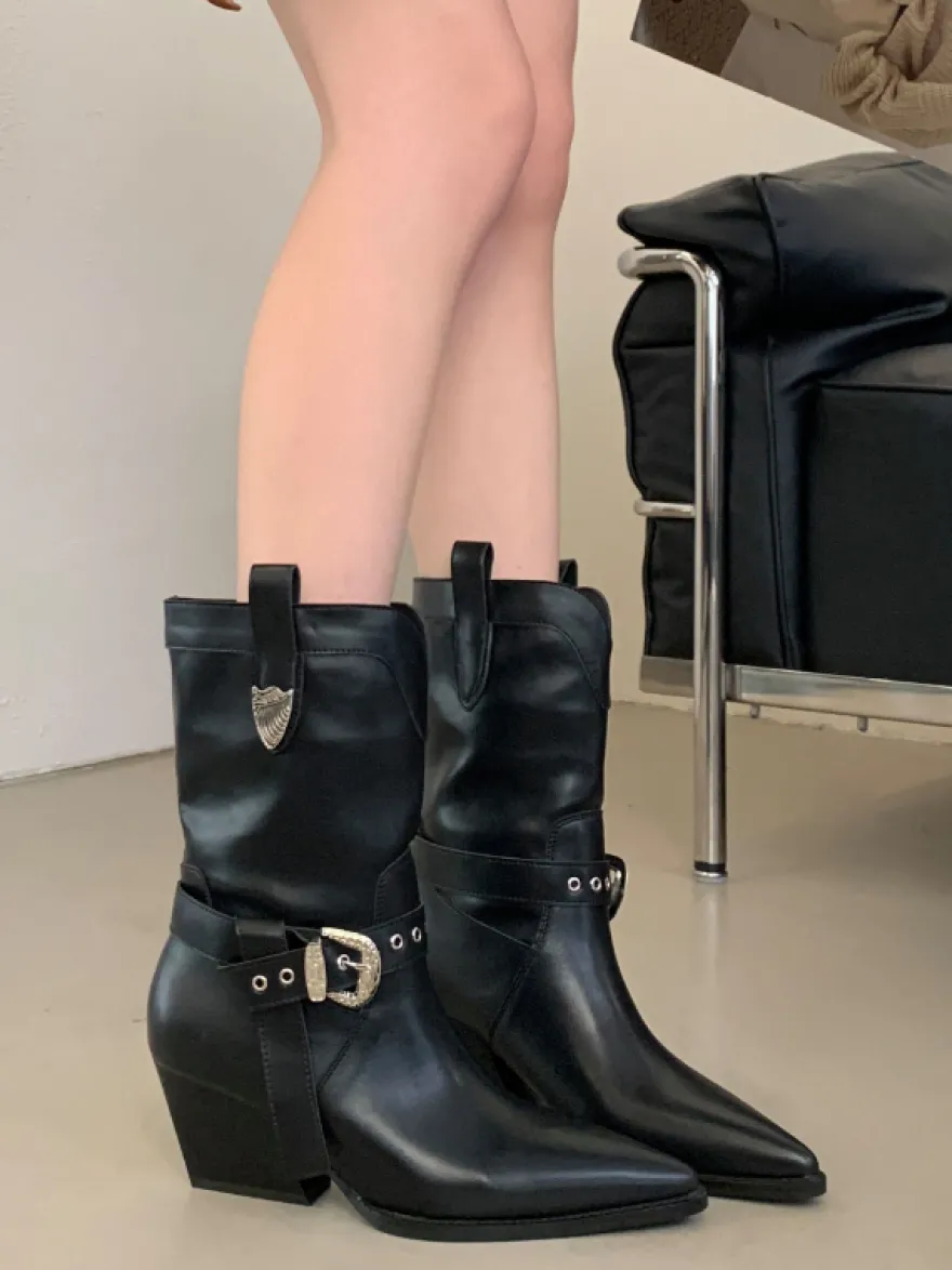 Bottines noires à bout pointu et talon épais pour femme