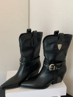 Bottines noires à bout pointu et talon épais pour femme