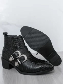 Bottines noires à bout pointu motif serpent et boucle
