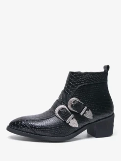 Bottines noires à bout pointu motif serpent et boucle