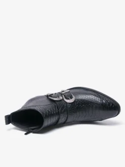 Bottines noires à bout pointu motif serpent et boucle