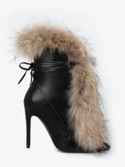 Bottines noires à bout pointu pour femme bottines à lacets en fourrure et talons hauts