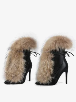 Bottines noires à bout pointu pour femme bottines à lacets en fourrure et talons hauts