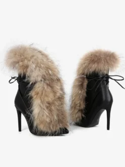 Bottines noires à bout pointu pour femme bottines à lacets en fourrure et talons hauts