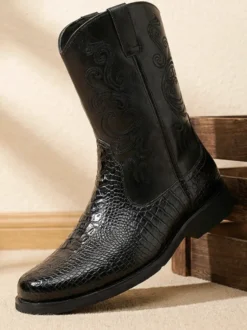 Bottines noires de cowboy pour homme bout rond brodées fermeture éclair