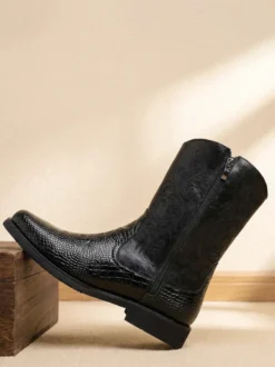 Bottines noires de cowboy pour homme bout rond brodées fermeture éclair