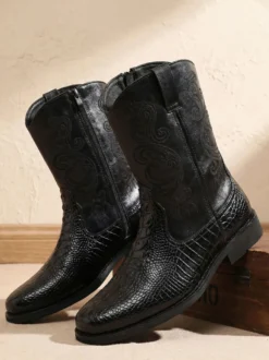 Bottines noires de cowboy pour homme bout rond brodées fermeture éclair