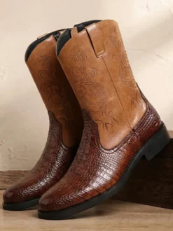 Bottines noires de cowboy pour homme bout rond brodées fermeture éclair