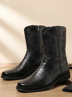 Bottines noires de cowboy pour homme bout rond brodées fermeture éclair