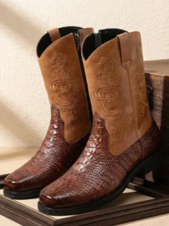 Bottines noires de cowboy pour homme bout rond brodées fermeture éclair