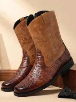 Bottines noires de cowboy pour homme bout rond brodées fermeture éclair