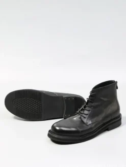 Bottines noires en cuir véritable bout rond lacets et fermeture éclair
