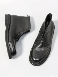 Bottines noires en cuir véritable bout rond lacets et fermeture éclair