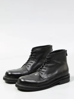 Bottines noires en cuir véritable bout rond lacets et fermeture éclair