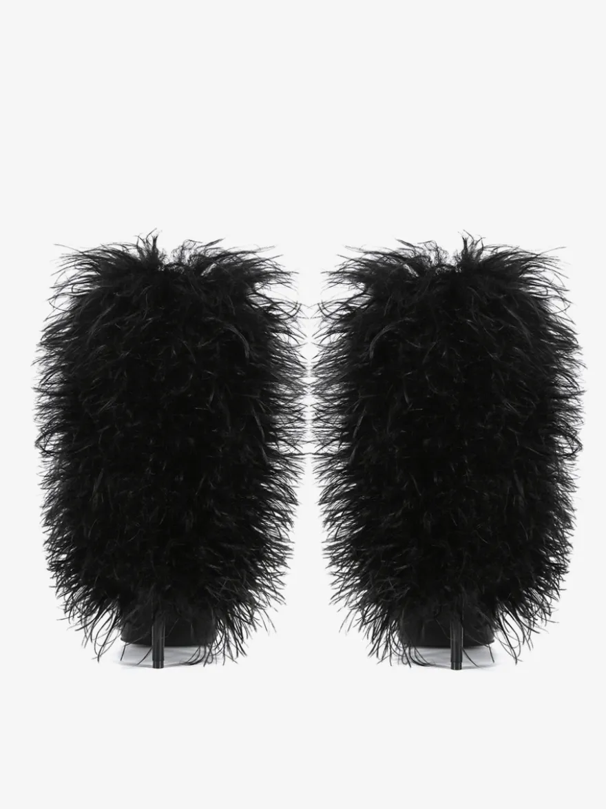 Bottines noires grande taille à talons hauts et bout pointu en fausses plumes