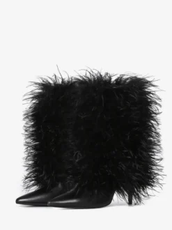 Bottines noires grande taille à talons hauts et bout pointu en fausses plumes