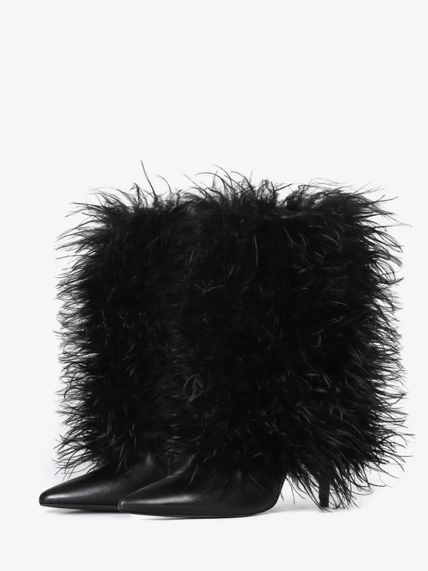 Bottines noires grande taille à talons hauts et bout pointu en fausses plumes