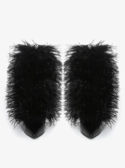Bottines noires grande taille à talons hauts et bout pointu en fausses plumes