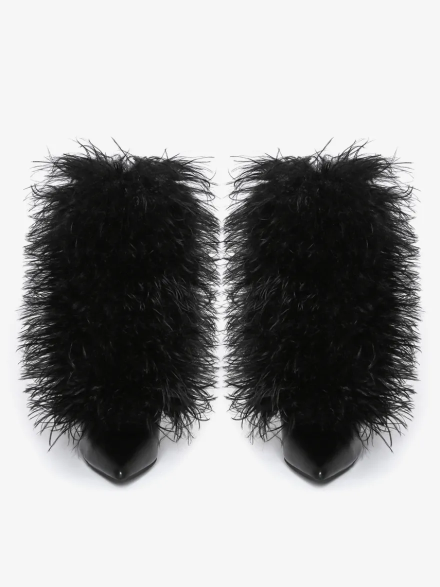 Bottines noires grande taille à talons hauts et bout pointu en fausses plumes