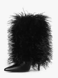 Bottines noires grande taille à talons hauts et bout pointu en fausses plumes