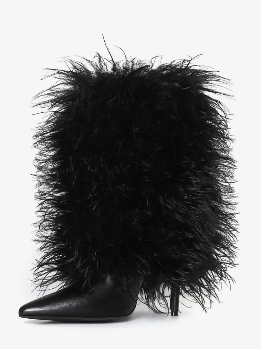 Bottines noires grande taille à talons hauts et bout pointu en fausses plumes
