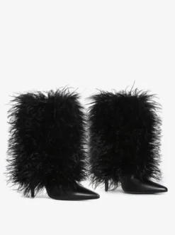 Bottines noires grande taille à talons hauts et bout pointu en fausses plumes