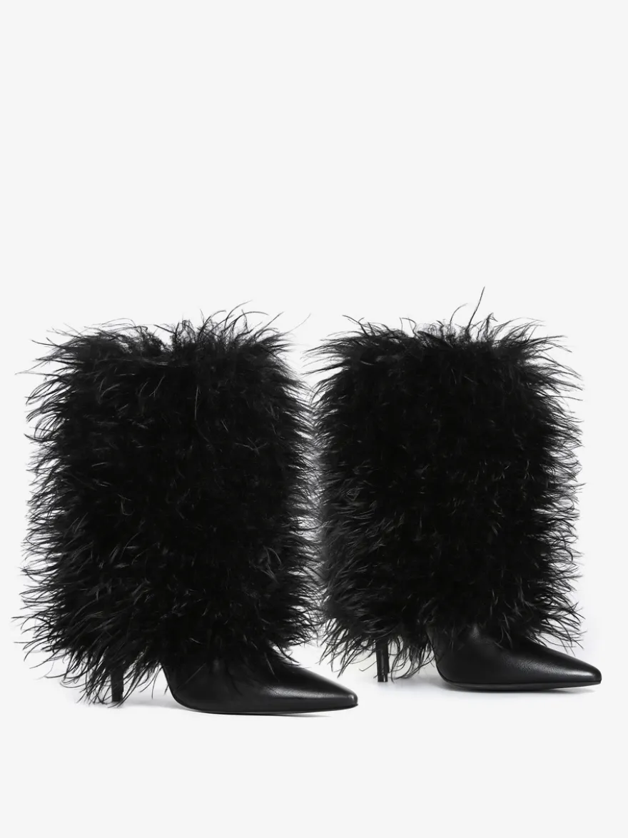 Bottines noires grande taille à talons hauts et bout pointu en fausses plumes