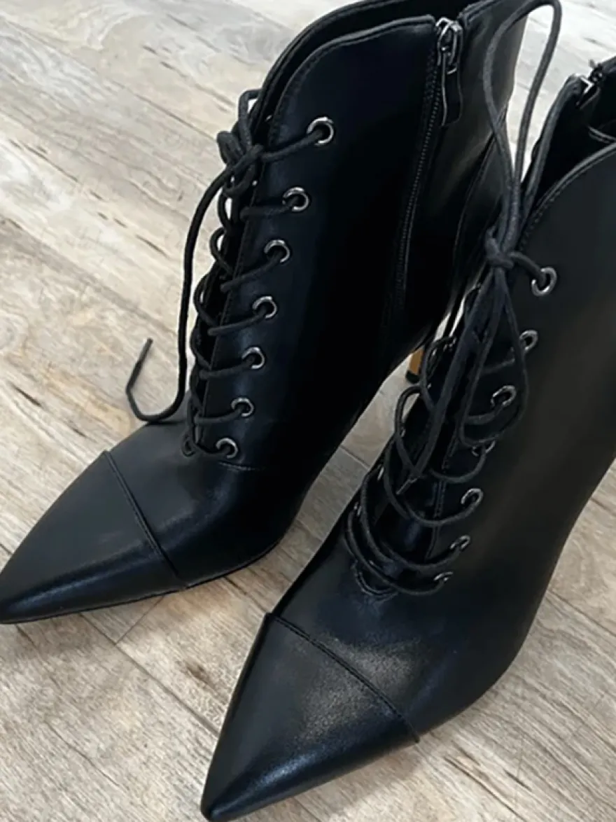 Bottines Noires À Lacets Bout Pointu Talon Aiguille Bottes Chaussures Femme