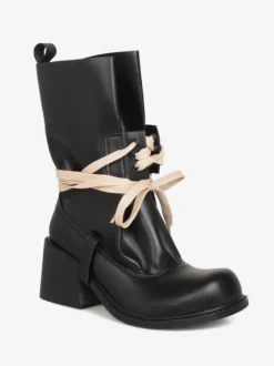 Bottines noires à lacets pour femmes bout rond talon épais