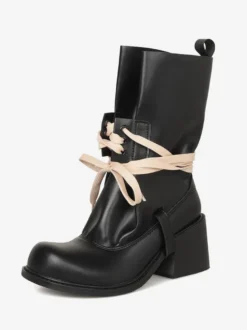 Bottines noires à lacets pour femmes bout rond talon épais