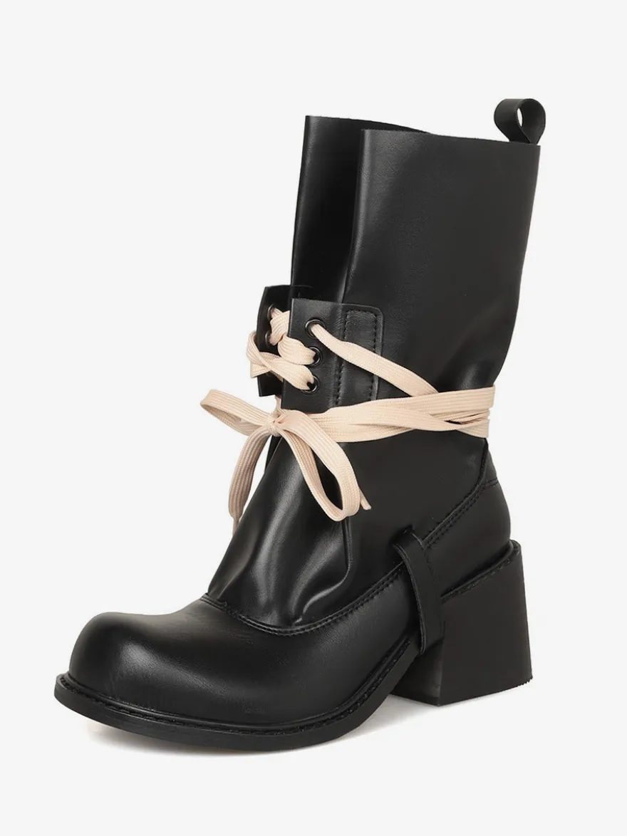 Bottines noires à lacets pour femmes bout rond talon épais