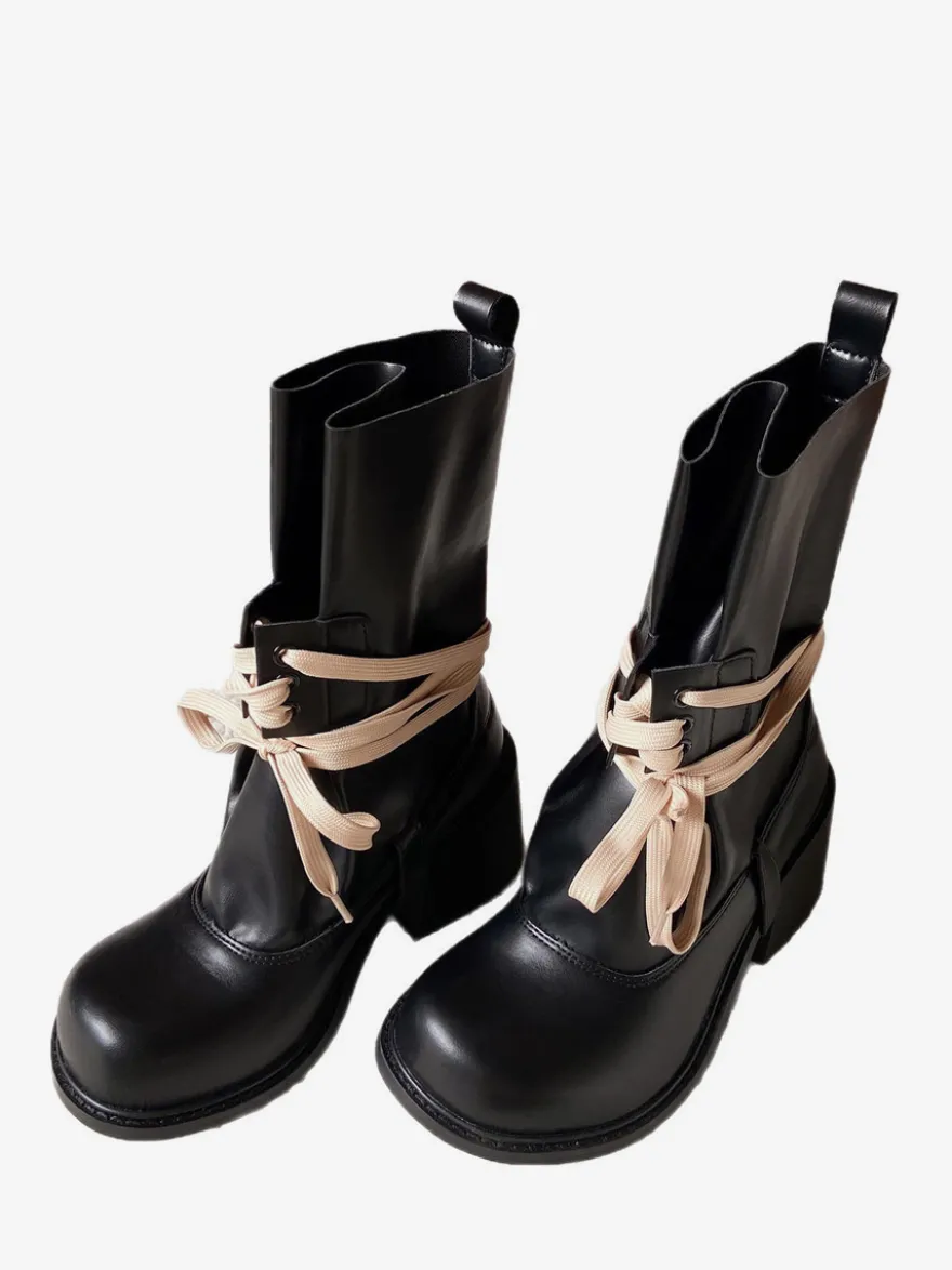 Bottines noires à lacets pour femmes bout rond talon épais