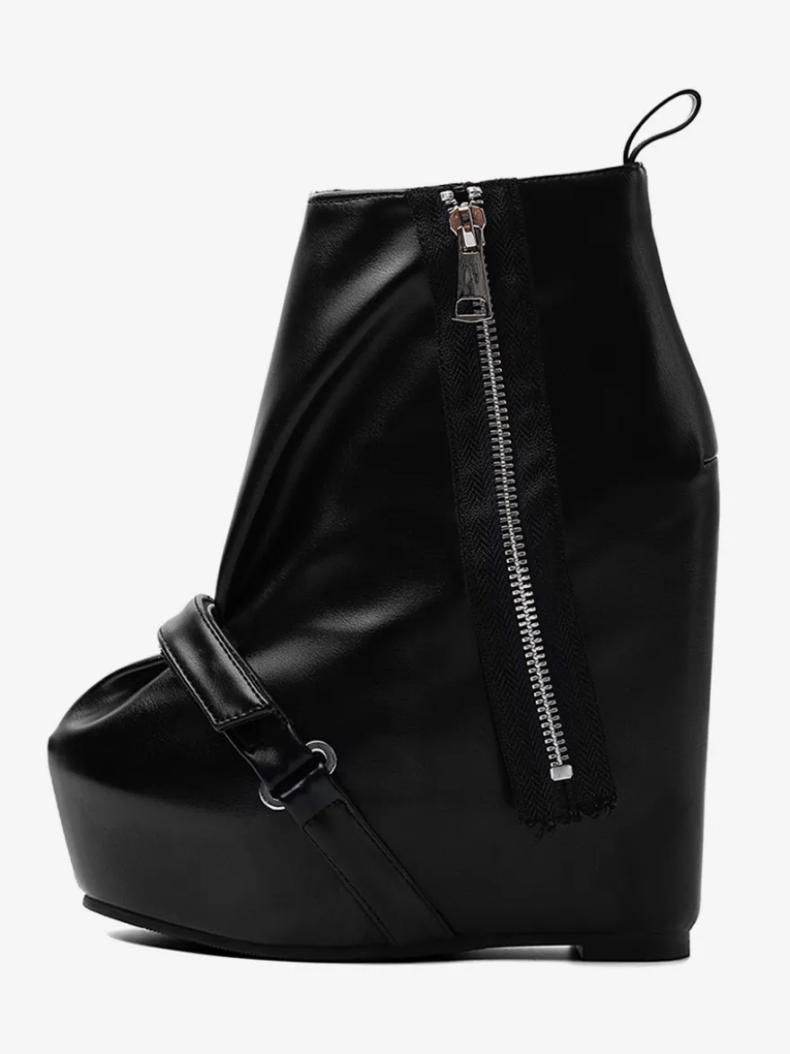 Bottines noires à plateforme pour femmes fermeture éclair talon compensé